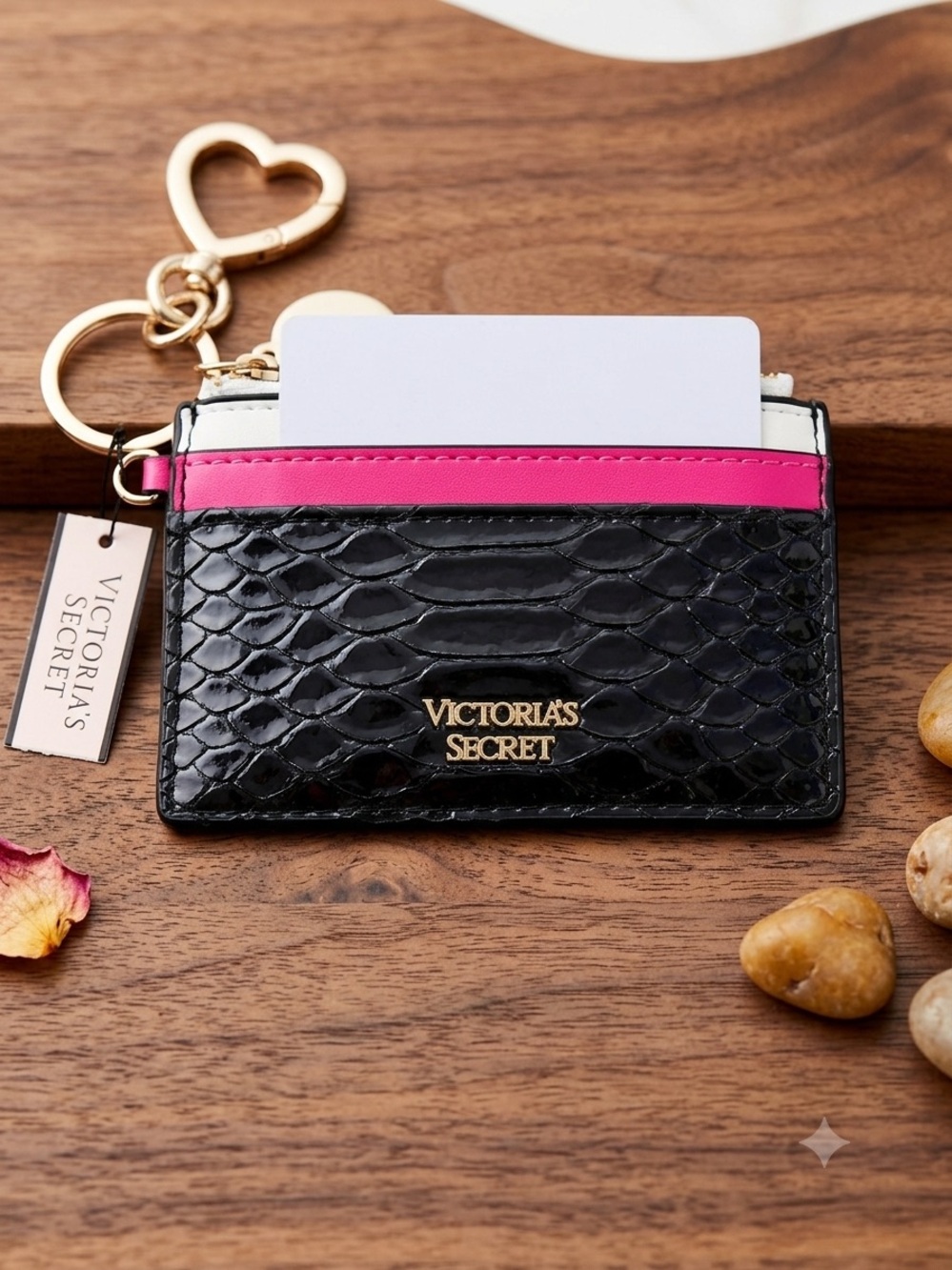 Victoria's Secret Black Patent Snake-Embossed Card Holder with Pink & White Trim